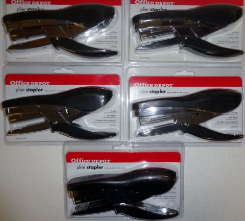 5 Pack Office Depot Plier Stapler, Soft Grip, Black, NEW in Packages