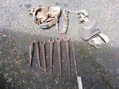 EARLY American Bridge Tool belt + Leather Belt with Bridge Wrenches, Etc.