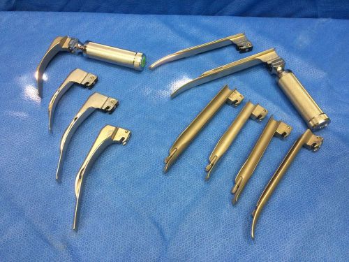 2 Welch Allyn Laryngoscope Handles 60300 w/ 10 Blades Mil 3 / 4 Mac 3 / 4 ~ More