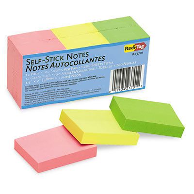 Self-Stick Notes, 1 1/2 x 2, Neon, 12 100-Sheet Pads/Pack, Sold as 1 Package