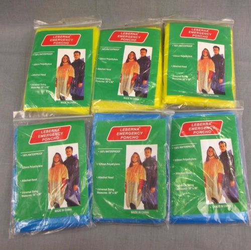 Leberna Emergency Poncho Lot of 6 Pocket Size Waterproof 50x80&#034; Blue Yellow NEW