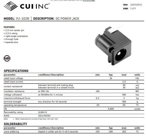 (50 pcs) cui inc cp-102b-nd coaxial dc power supply jack 5.5 x 2.5mm pcb solder for sale