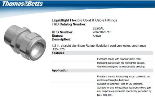 THOMAS &amp; BETTS  Kit  100 x 2920AL Cord Connector Gland &amp; 141  LockNut &amp; 5262 NEW