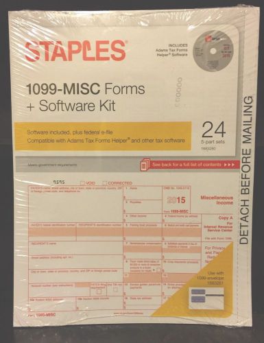 Staples 1099-MISC Forms &amp; Software Kit 24 - 5 Part Sets *2015 Tax Year*