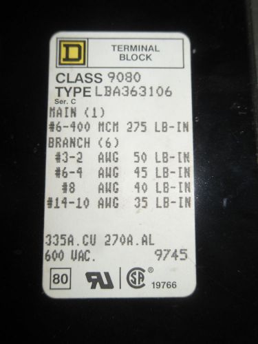(y7-1) 1 used square d 9080 lba363106 power distribution block for sale
