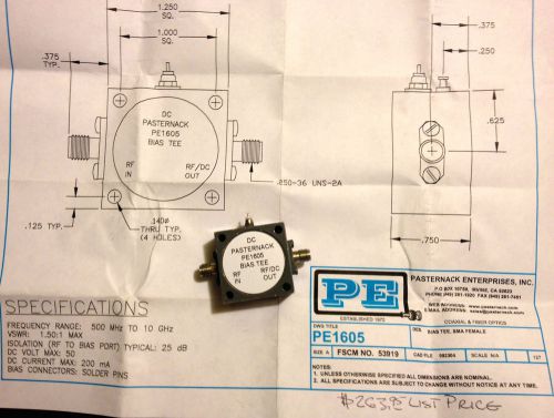 Bias tee / pasternack pe1605-500mhz-10ghzsma(f)/50vdc@200ma max/25db rf-bias iso for sale