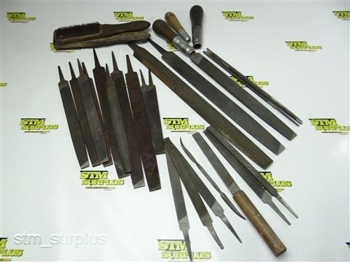 NICE LOT OF 23 HAND FILES W/ WOOD HANDLES &amp; BRUSHES NICHOLSON BASTARD