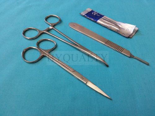 IRIS SCISSORS 4.5&#034; STR+HEMOSTAT FORCEPS CVD 5&#034;+SCALPEL HANDLE #3 +5 BLADES #10A