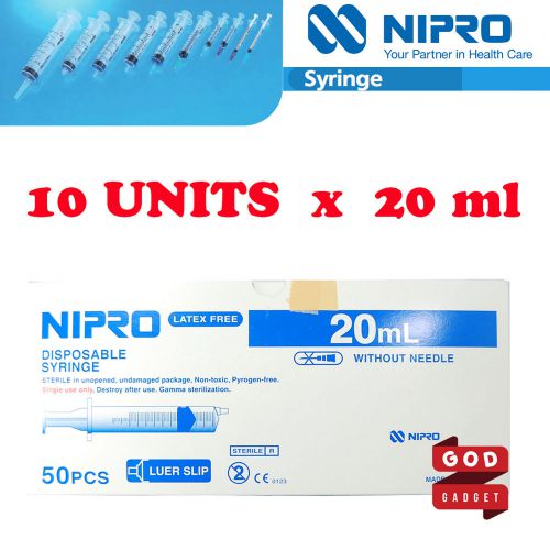 10 x 20ml nipro syringe luer slip tip hypodermic needle sterile latex free 20cc for sale