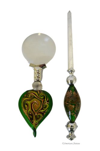 Green &amp; Gold Art Glass Desk Set W/ Magnifying Glass &amp; Letter Opener - Gift Boxed