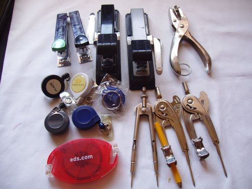 Lot of 4 staplers, 3 protractors, 5 badge holders, 1 whole punch &amp; 1 phone cable for sale