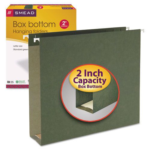 2&#034; Capacity Box Bottom Hanging File Folders, Letter, Green, 25/Box