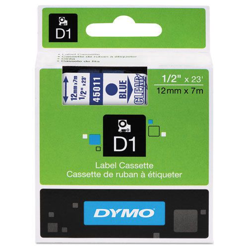 D1 standard tape cartridge for dymo label makers, 1/2in x 23ft, blue on clear for sale
