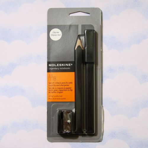 New moleskine set of 2 black rectangular pencils w/ cap/clip &amp; sharpener- 2b for sale