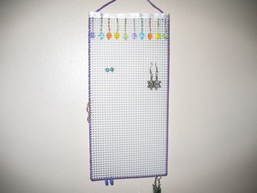 Hanging Earring Holder SPRING FLOWERS on White with PURPLE beaded smaller