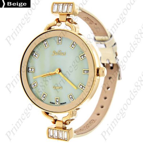 Round Rhinestone PU Leather Quartz Wrist Lady Ladies Wristwatch Women&#039;s Beige