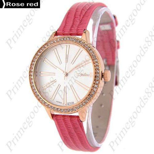 Round Rhinestone Analog Leather Lady Ladies Quartz Wristwatch Women&#039;s Rose Red