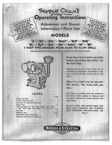 Briggs &amp; Stratton B Models Operating Instructions &amp; Parts List Book Manual on CD