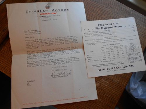 ORIGINAL 1938 EVINRUDE FACTORY LETTER AND PRICE LIST ENGINE