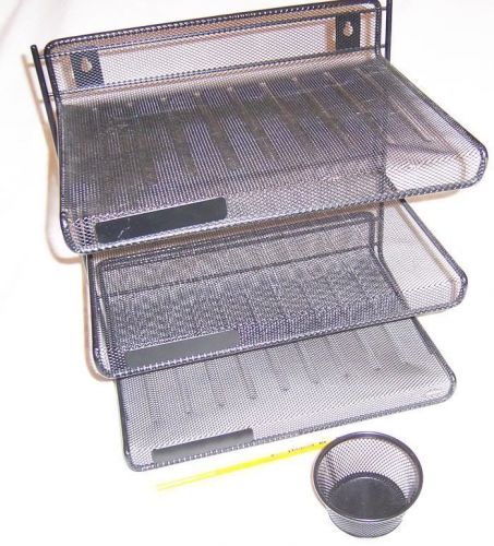 Black Wire Mesh 3 Tier Desk Paper file Tray /Shelf &amp; Cup DeskTop organizer /Used