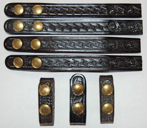 Lot 7 Black Leather Basket Weave Belt Keepers Law Enforcement Brass Snaps