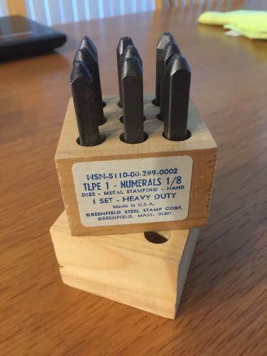 Vintage Greenfield Steel 1/8&#034; Inch Steel  Numbers Stamp Set of 9 in Block Box!