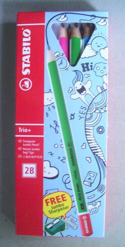 6 Stabilo Trio+ Triangular Jumbo Pencil 2B Ideal Grip Free Sharpener