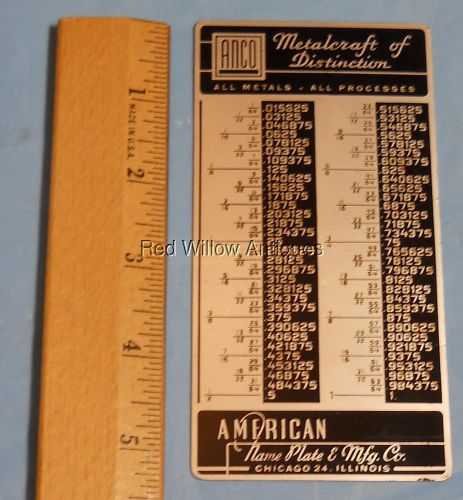 VINTAGE ANCO METAL FRACTION TO DECIMAL CONVERSION PLATE, AMERICAN NAMEPLATE MFG