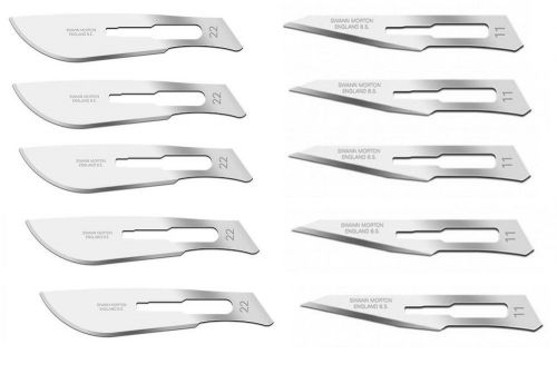 Set of 10 swann morton sterile carbon steel surgical scalpel blades #11 #22 for sale