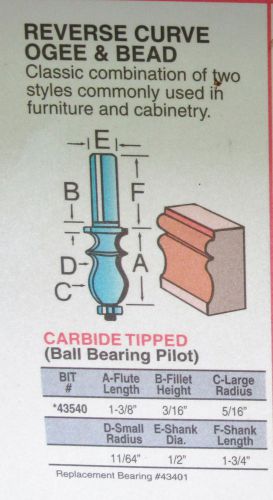 Porter cable 43540 reverse curve ogee &amp; bead edge forming router bit 43540 new for sale