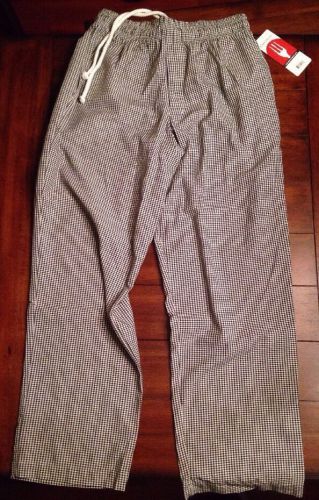 Chef Works pants Medium M Black White Checkered Baggy Pockets Zipper Elastic