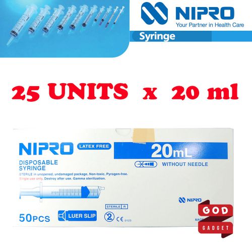 25 x 20ml nipro syringe luer slip tip hypodermic needle sterile latex free 20cc for sale