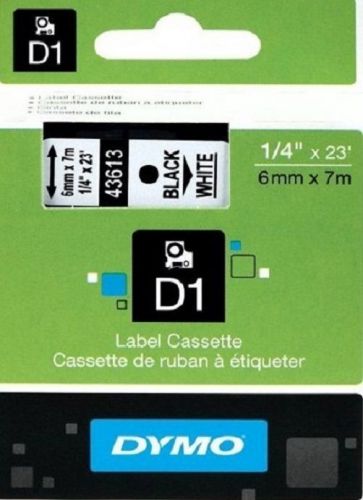 6mm x 7M DYMO D1 43613 LABEL TAPE BLACK WHITE NOIR BLANC ZWART WIT NASTRO BIANCO