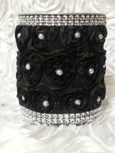 BLACK SATIN ROSETTE Fabric Bling &amp; Pearls Pencil Pen Makeup Holder