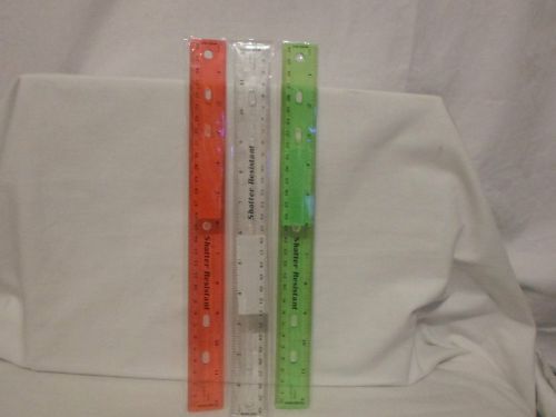 3 Shatter-proof Ruler - 12&#034; L 1&#034; W- Plastic  Green, White &amp; Red