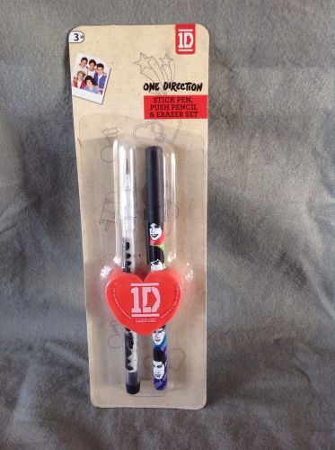 ONE DIRECTION 3 pc Set STICK PEN + PUSH PENCIL+ ROUND WHITE ERASER &#034;I Heart 1D&#034;