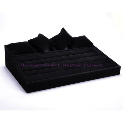 4 Pillow &amp; Slots Black Velvet Jewelry Watch Display Box Storage Holder Organizer