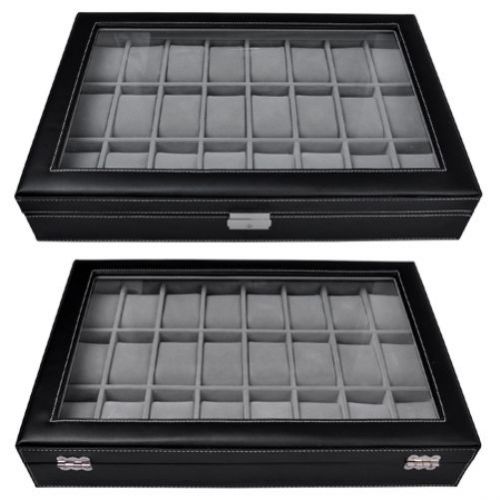 Black Leather 24 Watch Display Case Glass Top Jewelry Box Brand New