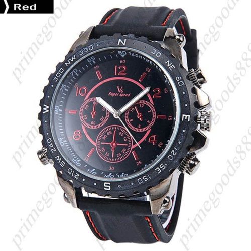 Black Silica Gel Band Quartz Analog 3 Sub Dial Wrist Men&#039;s Wristwatch Red Face