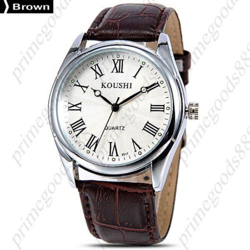 Genuine Leather Band Roman Numerals Quartz Analog Men&#039;s Wristwatch Silver White