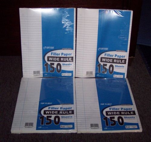 4 NEW PKGS TOP FLIGHT 150 SHEETS WIDE RULE FILLER PAPER - 600 SHEETS TOTAL