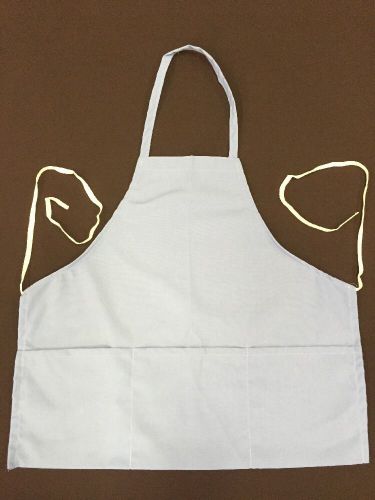 Light Blue Kitchen Bib Apron w/ 3 Fold Up Pockets, Spun Poly, 100% American Made