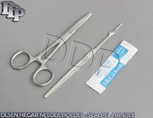 OLSEN HEGAR NEEDLE HOLDER 5.5&#034; SMOOTH+SCALPEL HANDLE #7+5 SURGICAL BLADES #15