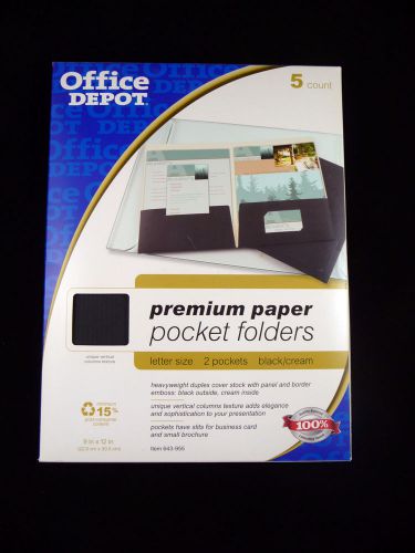 5 Office Depot Premium Paper Pocket Folders Portfolio ~ Letter Size ~ Black