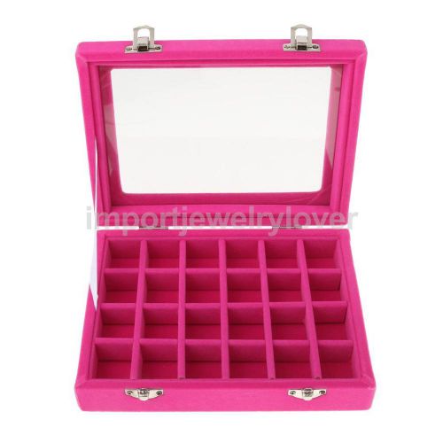 24 Grids Velvet Jewelry Storage Box Earrings Ring Cufflinks Nail Case - Rose