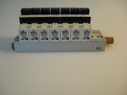 (HD) SMC 4&#034; Long Rack of 7 VQ110Y-5L0 Pneumatic Valves