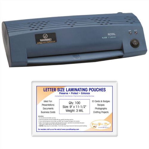 Royal pl-2100 hot 9&#034; laminating machine bundle with 100 laminator pouches for sale