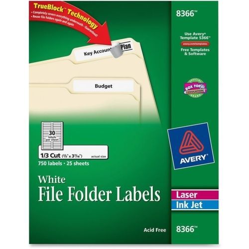 Avery Filing Label - 0.66&#034; W x 3.43&#034;, 0.33&#034; L -750/Pk - Laser, Inkjet - White