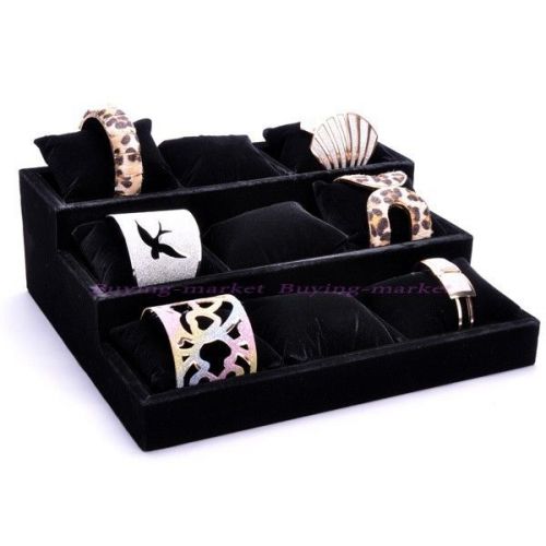 Lusury 9 pillow black velvet bracelet watch display box storage holder organizer for sale