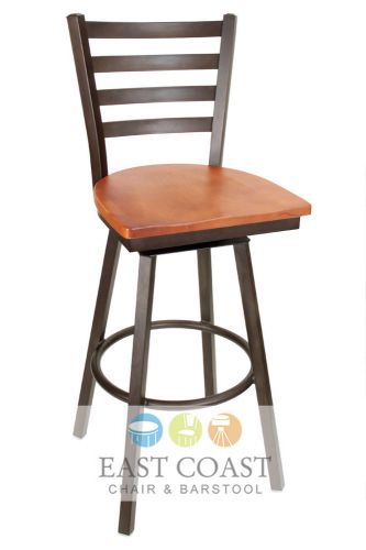 New gladiator rust powder coat ladder back metal swivel bar stool w/ cherry seat for sale
